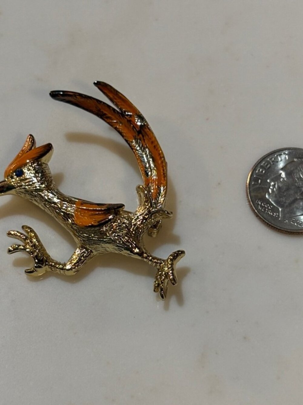 Vintage 70s Roadrunner Bird Brooch Gold Orange OS - Picture 2 of 4